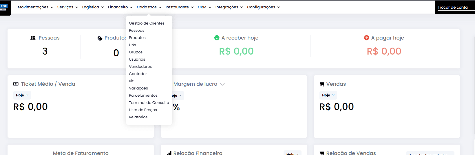 Cadastros: produtos, kits, variações e vendedores