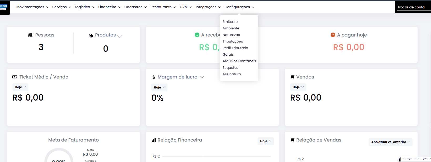 Configuração fiscal e emissão de documentos