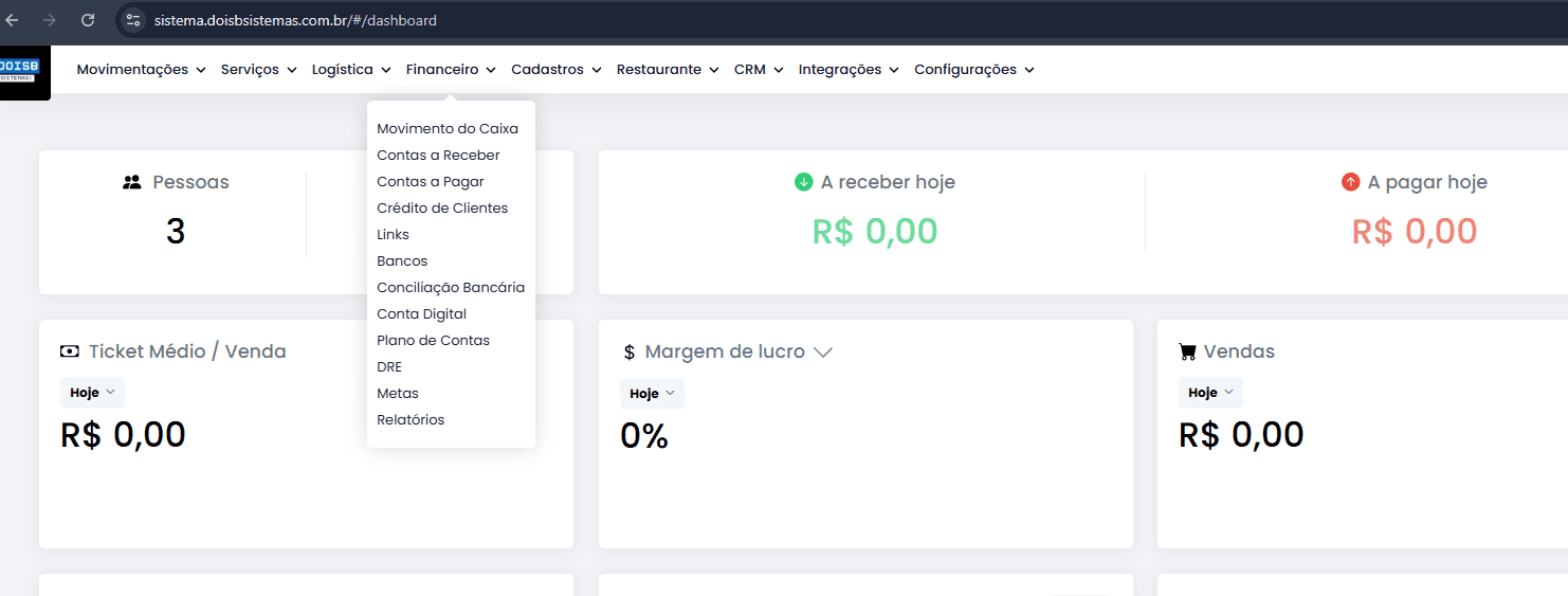 Financeiro: caixa, contas, DRE e conciliação
